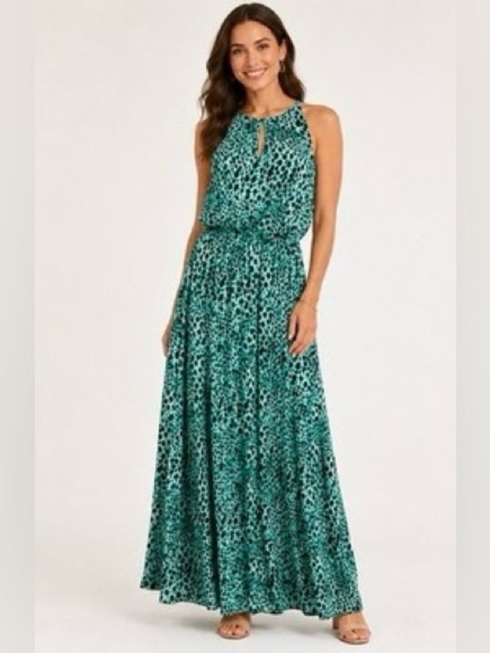 Jennifer Lopez Turquoise Animal Print Sleeveless Halter Maxi Dress